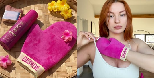 Image of Coco & Eve Express Tan Set on the left and image of influencer applying self-tanner with the Coco & Eve pink velvet tanning mitt on the right