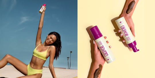 Image of an influencer holding Coco & Eve Sunny Honey Bali Bronzing Foam on the left and image Coco & Eve Sunny Honey Bali Bronzing Foam on the right
