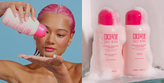 Image of models holding Coco & Eve Repairing & Restoring Shampoo on the right and image of Coco & Eve Repair & Restore Shampoo & Conditioner Set on the left