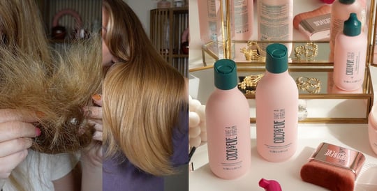 Image of Before and After using Coco & Eve Super Hydrating Shampoo & Conditioner Set on the left and image of Coco & Eve's Super Hydrating Shampoo & Conditioner Set on the right