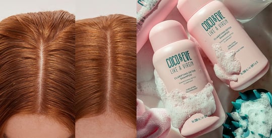 Image of Before and After using Coco & Eve's Clarifying Detox Shampoo on the left and image of Coco & Eve's Clarifying Detox Shampoo on the right