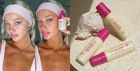 Before and After image of an Influencer who used Coco & Eve Bronzing Face Drops on the left and image of Coco & Eve Sunny Honey Bali Bronzing Foam on the right