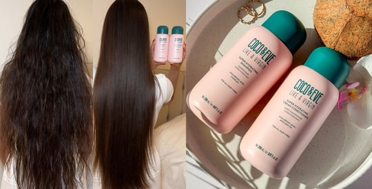 Image of model before and after using Coco & Eve Super Hydrating Shampoo & Conditioner Set on the left and image of Coco & Eve Super Hydrating Shampoo & Conditioner Set on the right