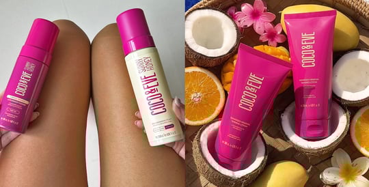 Coco & Eve self-tanning essentials including Bali Bronzing Foam and Sun-Kissed Gradual Tanning Lotion, shown on tanned legs and in a tropical fruit flatlay.
