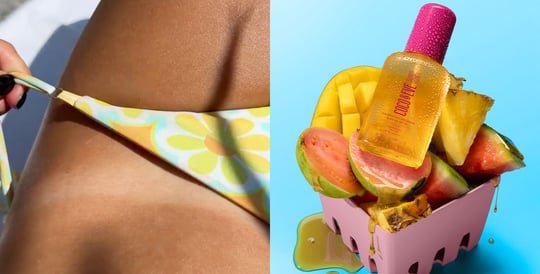 Image of Sun Tan using Coco & Eve Tan Boosting Anti-Aging Body Oil SPF on the left and image of Coco & Eve Tan Boosting Anti-Aging Body Oil SPF on the right