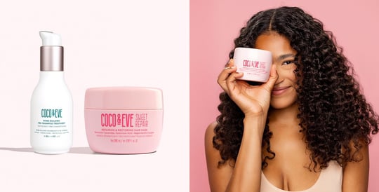 Image of Coco & Eve Hair Repair Set on the left and image of a women holding Coco & Eve Sweet Repair Hair Mask on the right