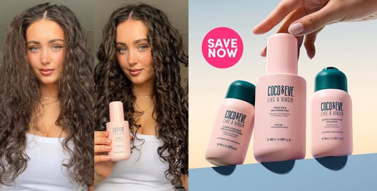 Image of model before and after using Coco & Eve Frizz Fix & Pro Shine Mist on the left and image of Coco & Eve Frizz-free Set on the right