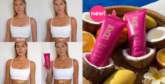 A collage of images shot daily showing the results of using Coco & Eve Sun-Kissed Gradual Tanning Lotion on the left, and a close-up of the Coco & Eve Sun-Kissed Gradual Tanning Lotion on the right. Shop now