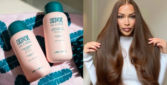 Image of Coco & Eve Super Hydrating Shampoo & Conditioner Set on the left and an image of an influencer after she’s used the Shampoo & Conditioner Set on her hair on the right