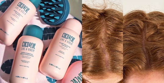 Image of Coco & Eve Super Hydrating Shampoo and Conditioner and Clarifying Detox Shampoo on the left and a collage of hair strands before and after using Coco & Eve Sweet Clarifying Detox Shampoo on the right