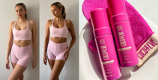 Before and After image of Influencer Coco & Eve Express Tanning Antioxidant Mousse on the right and image of Coco & Eve Express Tanning Antioxidant Mousse on the left 
