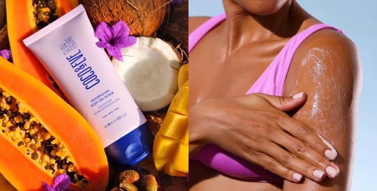 Coco & Eve Resurfacing Body Gel Scrub with tropical ingredients and woman exfoliating skin to remove self-tanner
