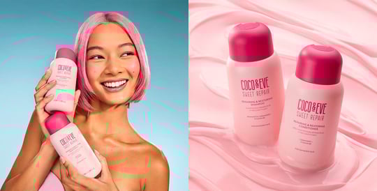 Image of models holding Coco & Eve Repair & Restore Shampoo & Conditioner Set on the right and image of Coco & Eve Repair & Restore Shampoo & Conditioner Set on the right