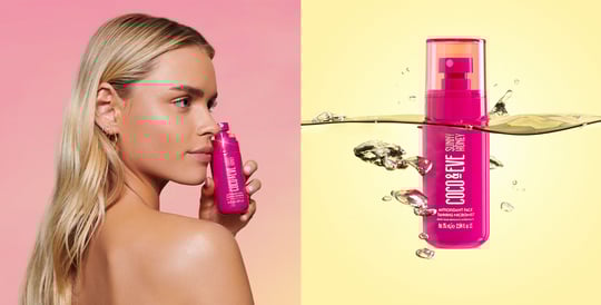 Image of models holding Coco & Eve Antioxidant Face Tanning Micromist on the right and image of Coco & Eve Antioxidant Face Tanning Micromist and product image of Coco & Eve Antioxidant Face Tanning Micromist on the left