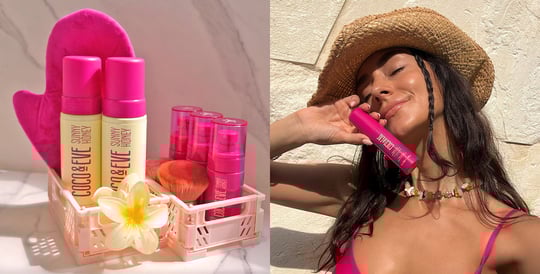 Image of Coco & Eve Sunny Honey Tan range on the left and image of an influencer holding Coco & Eve Anti-Aging Tanning Serum on the right 