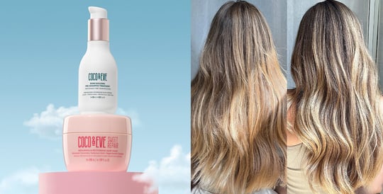 Image of Coco & Eve Hair Repair Set on the left and image of hair before and after using Coco & Eve Sweet Repair Hair Mask