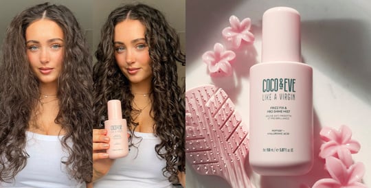 Image of model before and after using Coco & Eve Frizz Fix & Pro Shine Mist on the left and image of Coco & Eve Frizz Fix & Pro Shine Mist on the right