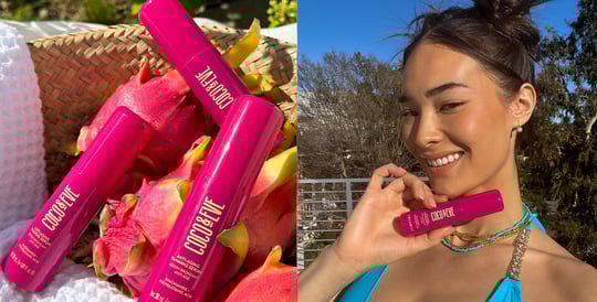 Image of Coco & Eve Anti-Aging Tanning Serum on the left and a model holding Coco & Eve Anti-Aging Tanning Serum on the right