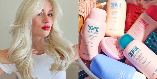 Image of Influencer with hydrated blonde hair on the left and image of Coco & Eve Shampoos on the right