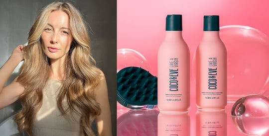 Image of an influencer on the left and Coco & Eve's Super Hydrating Shampoo & Conditioner Set on the right