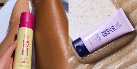 Lifestyle image of Coco & Eve Sunny Honey Bali Bronzing Foam and texture image of Resurfacing Body Gel Scrub 