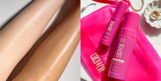 Before and after results on legs achieved using Coco & Eve’s Express Tanning Antioxidant Mousse on the left and flatlay image of Coco & Eve’s Express Tanning Antioxidant Mousse and Anti-Aging Tanning Serum on the right