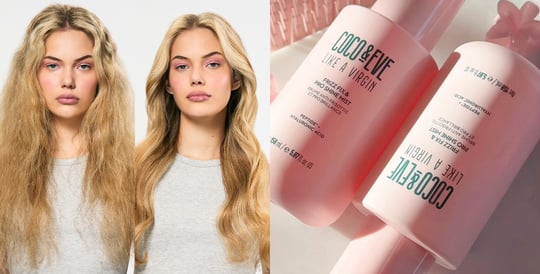 Image of model before and after using Coco & Eve Frizz Fix & Pro Shine Mist on the left and image of Coco & Eve Frizz Fix & Pro Shine Mist on the right
