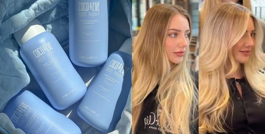 Image of Coco & Eve Boost Therapy Shampoo & Conditioner on the right and model's before and after images of using Coco & Eve Boost Therapy Shampoo & Conditioner on the left