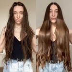 A woman showing before and after pictures of her hair. - 5