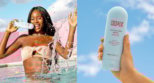 Left image is of a girl in a pool and right image is of Coco & Eve's Body Sunscreen SPF50+