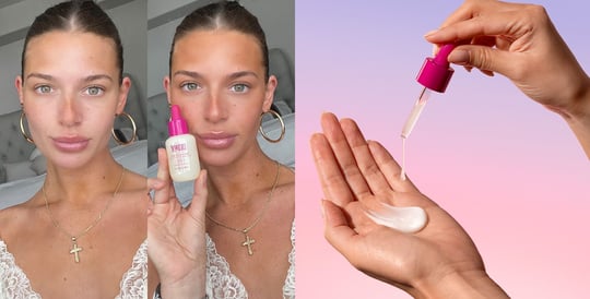 Before and After image of an Influencer who used Coco & Eve Bronzing Face Drops on the left and image of Coco & Eve Bronzing Face Drops on the right