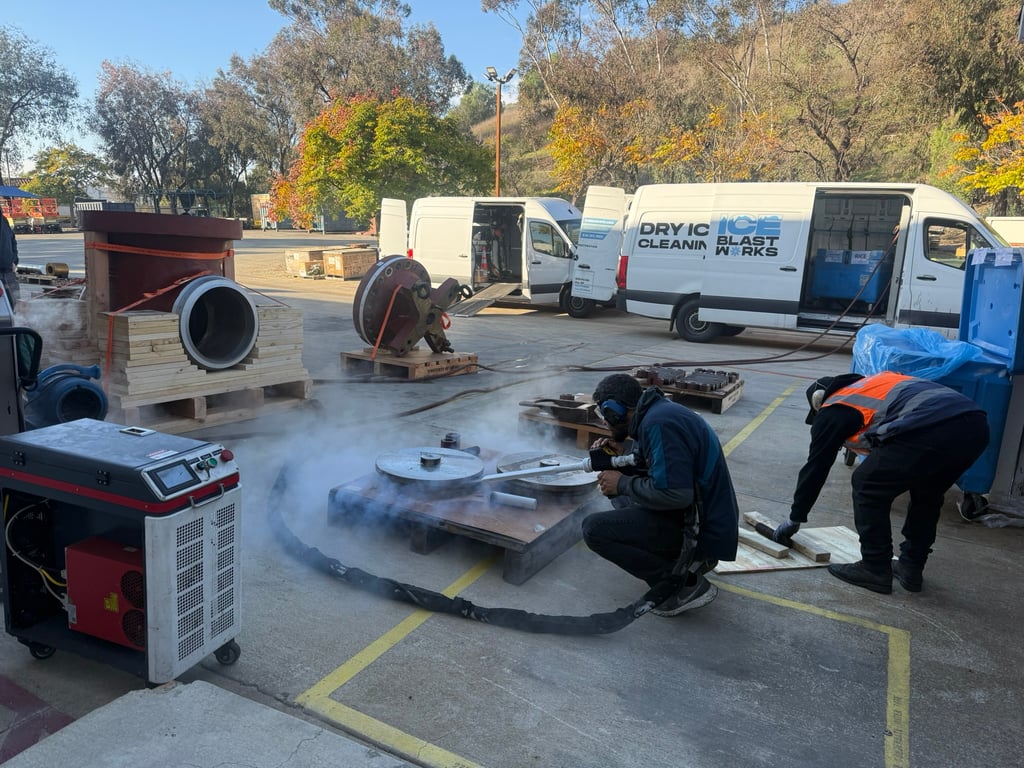 Two Ice Blast Works vans and multiple blasting machines deployed on one job site