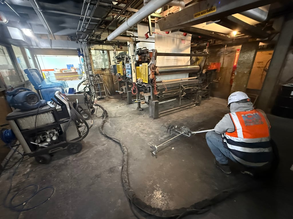 Ice Blast Works technician operating dry ice blasting equipment inside a structural concrete interior