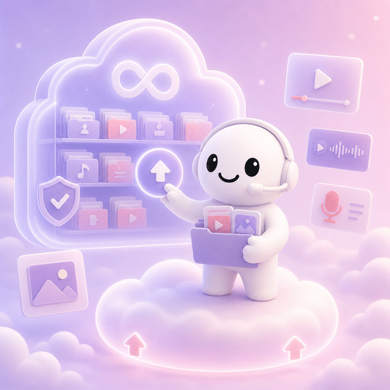 AI agent uploading videos and assets into unlimited cloud storage