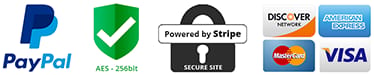 Secure payment methods including PayPal, Stripe, Mastercard, American Express and Visa