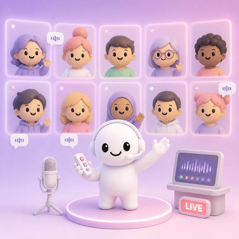 AI host running a live panel with ten guests