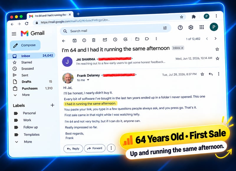 Beta user aged 64 reporting a first sale