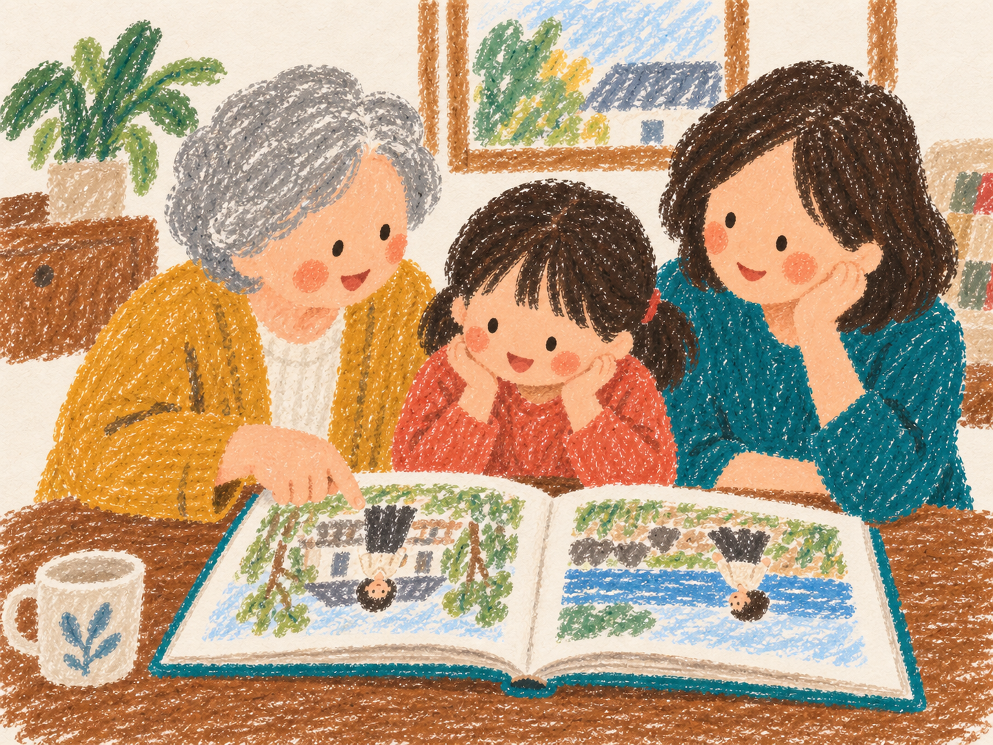 할머니와 자녀·손주가 가족의 삶을 담은 그림동화책을 함께 읽고 대화하는 크레용 그림
