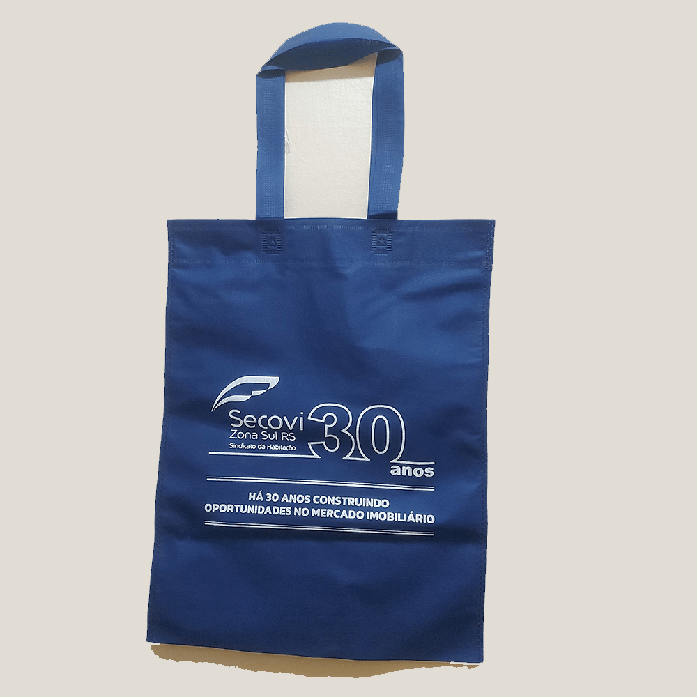 Sacola ecobag azul 35X45 personalizada com o logo branco da Secovi