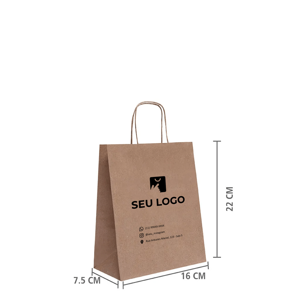 Sacola de papel kraft personalizada 22x16x7,5 vista em perspectiva