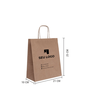 Sacola de papel kraft personalizada 25x21x10 vista em perspectiva