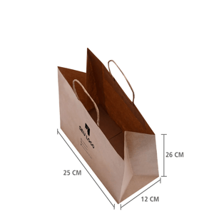 Sacola de papel kraft personalizada 26x25x12 vista superior em perspectiva