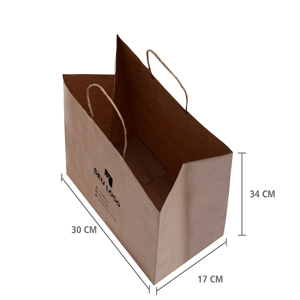 Sacola de papel kraft personalizada 34x30x17 vista superior em perspectiva