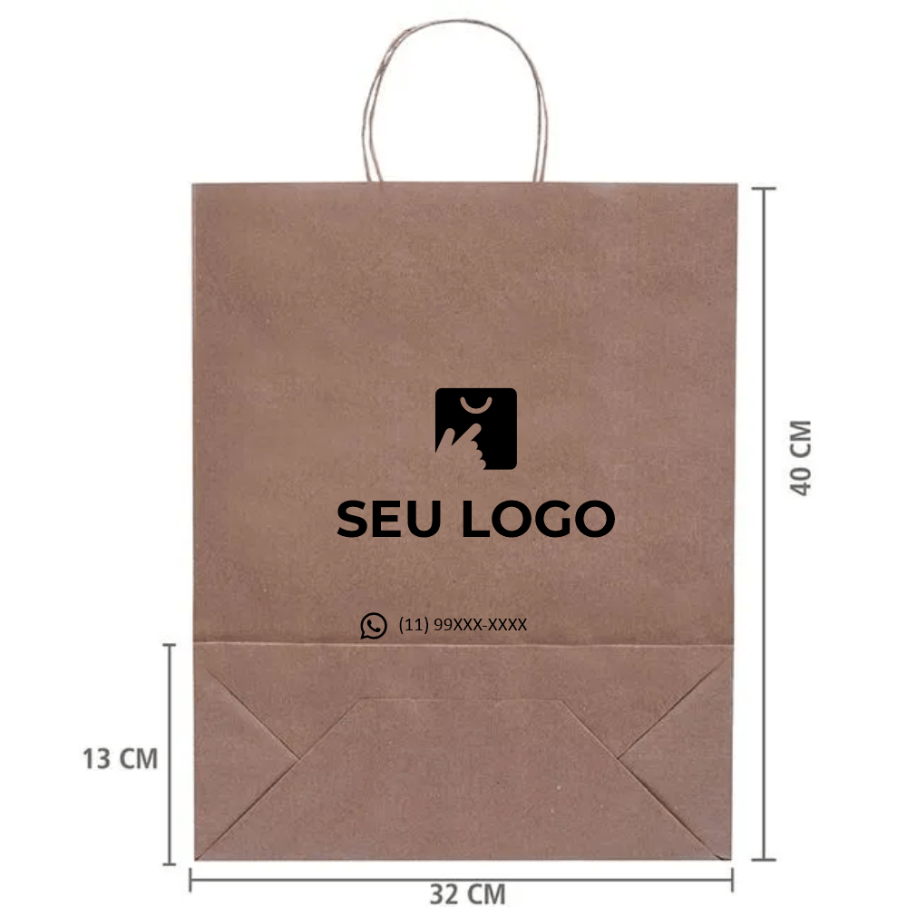 Sacola papel kraft personalizada 40x32x13 destacando a base
