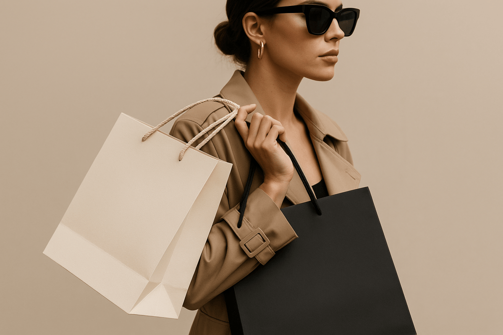 Mulher elegante usando sacolas personalizadas de luxo como acessório de moda