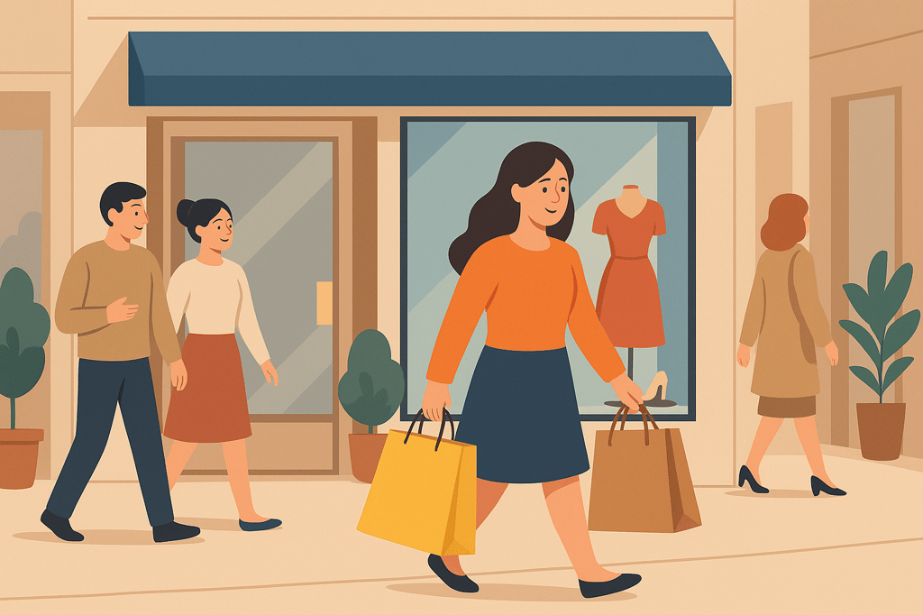 Clientes saindo de boutique com sacola boca de palhaço personalizada, transmitindo estilo e satisfação