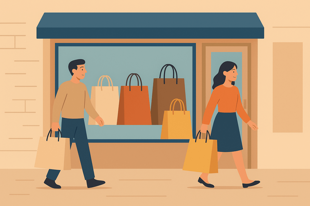 Clientes saindo de loja carregando sacolas personalizadas de compras