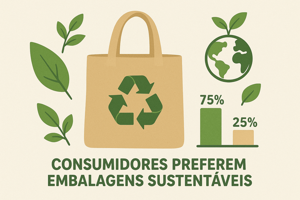 Infográfico mostra que 75% dos consumidores preferem embalagens sustentáveis, com ilustração de ecobag, gráfico de barras e símbolo de reciclagem