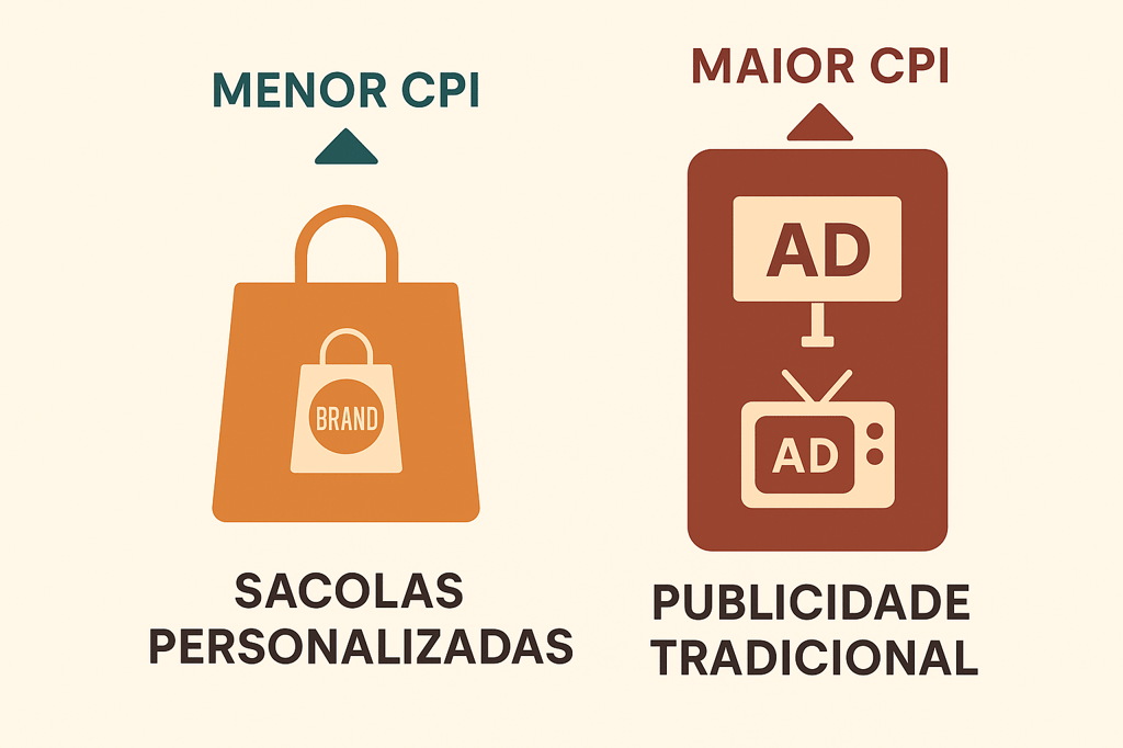 Infográfico mostrando comparação de custo por impressão entre sacolas personalizadas e publicidade tradicional