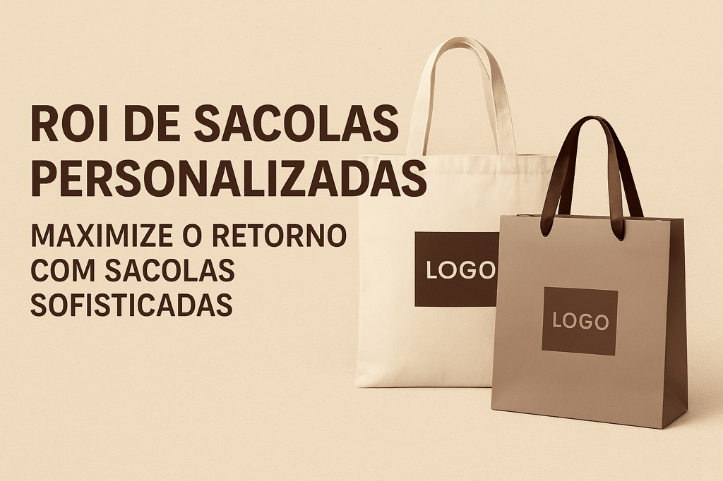 Sacolas personalizadas sofisticadas, incluindo ecobag e sacola com alça de fita, representando o ROI de investir em embalagens de marca para lojas e boutiques.